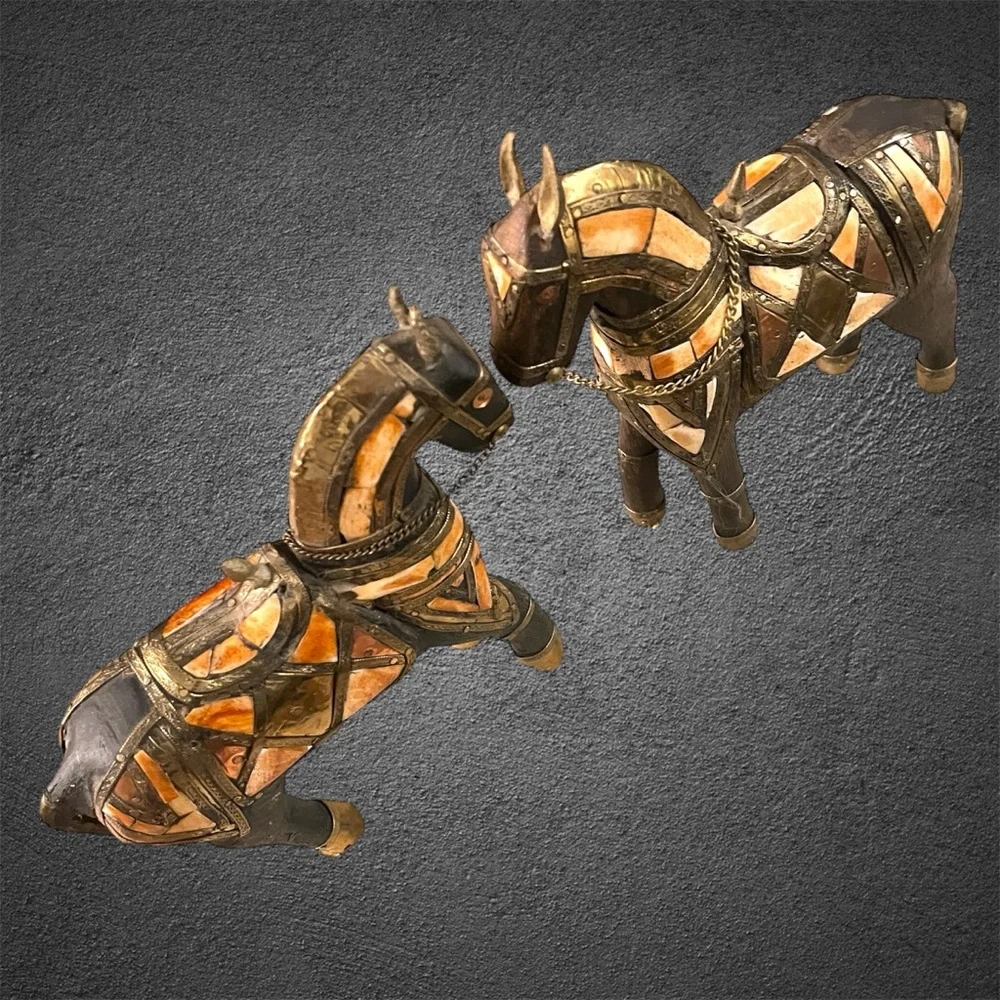 Pier 1 Egyptian War Horses Whittled From Black Wood w Copper, Brass & Seashells